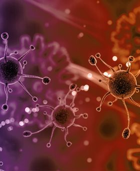 3D red spherical, virus-like particles in a dark red background.