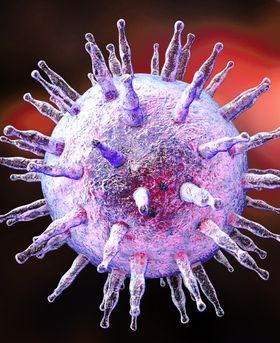 3D pink/purple illustration of a spherical virus with multiple spike-like elements projecting out, on a dark red background.