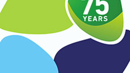Colourful geometric shapes, with the 75th anniversary logo from the Microbiology Society