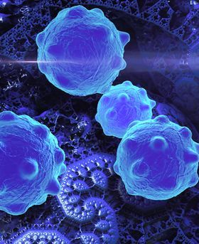 3D blue spherical, virus-like particles in a dark blue background.