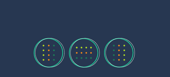 Navy background with three rings, each filled with  rows of yellow, orange and green dots.