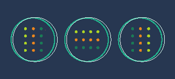 Navy background with three rings, each filled with  rows of yellow, orange and green dots.