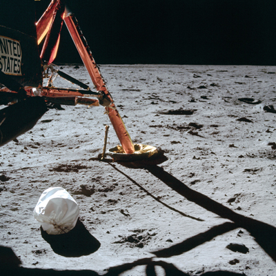 A jettison bag under the descent stage of the Eagle lunar module used during the Apollo 11 mission, the first to land on the Moon. 