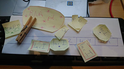 Yellow post it notes and a clothespin on top of a white paper sheet