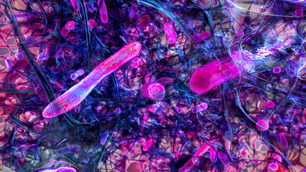 Spherical bacteria and rod-shaped bacteria inside biofilm, illustration. A biofilm is a colony of bacteria that forms a coating on a surface.
