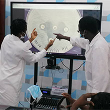 Scientists pointing at a screen