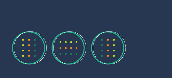 Navy backhground with three rings, each filled with rows of yellow, orange and green dots.