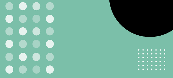 Turquoise background with a grid of dots with alternating transparency; a black semi-circle at the right-hand corner as well as a grid of white dots.