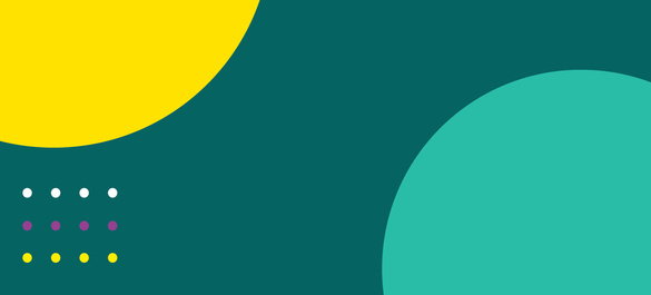 Dark green banner with multicolour circular shapes of different sizes.