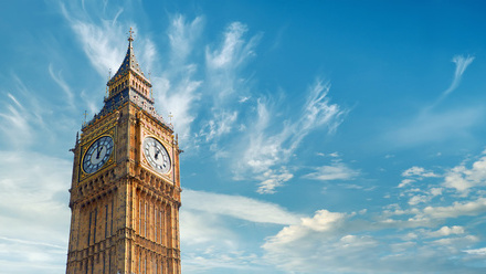Big Ben, on cloudy, blue skies.