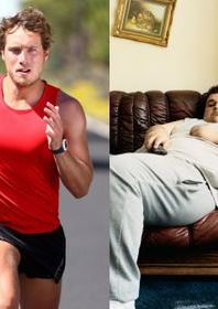 Side-by-side images: one of a male athlete running outdoors, and another of a man lying on a sofa, appearing relaxed.