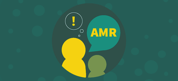 Illustration of two people icons with two speech bubbles above them, one with a yellow exclamation point and another with 'AMR'.